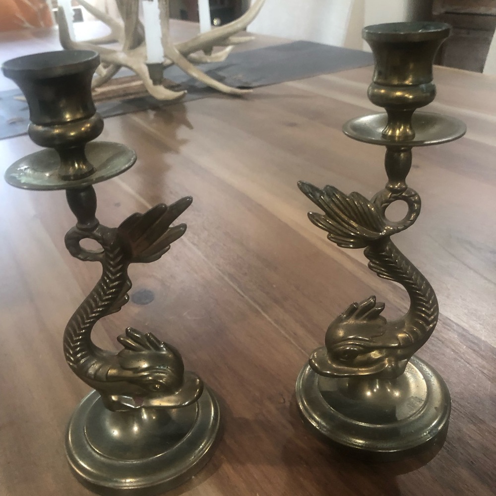 Wilton Brass Dragon Koi Fish Candle Holders